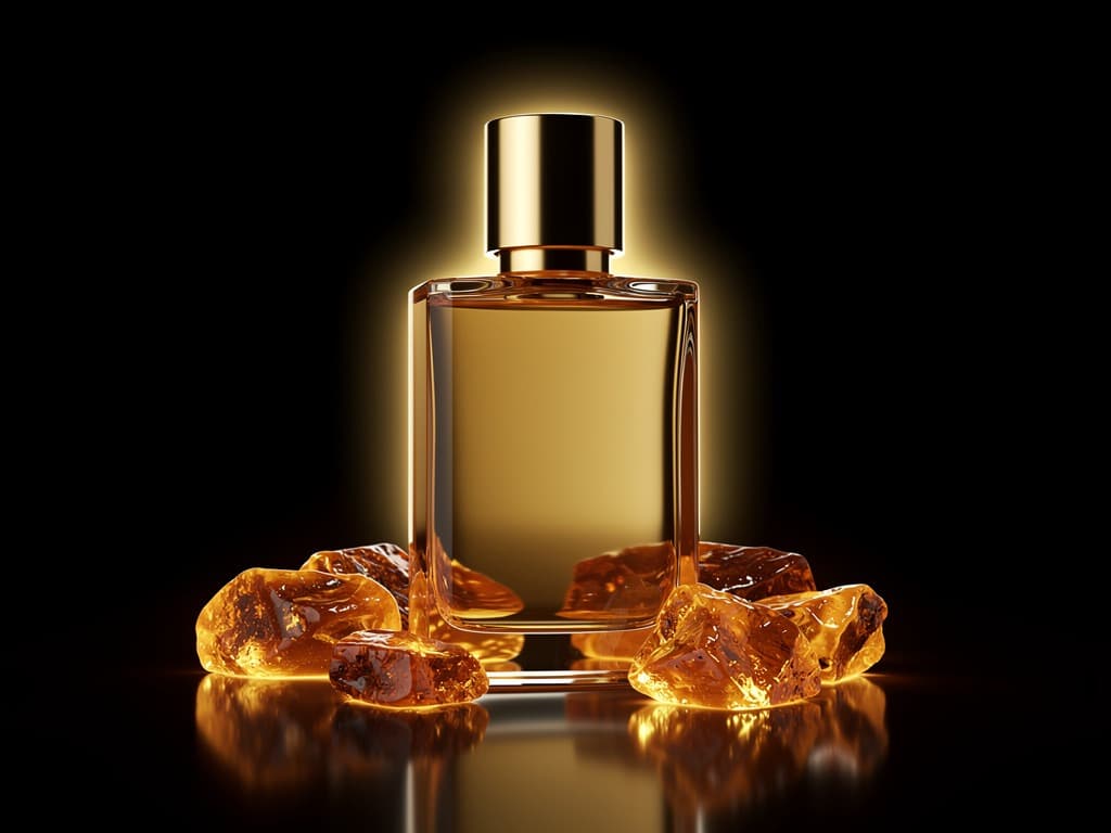 زجاجة عطر عنبر ليالي مع قطع العنبر على خلفية سوداء