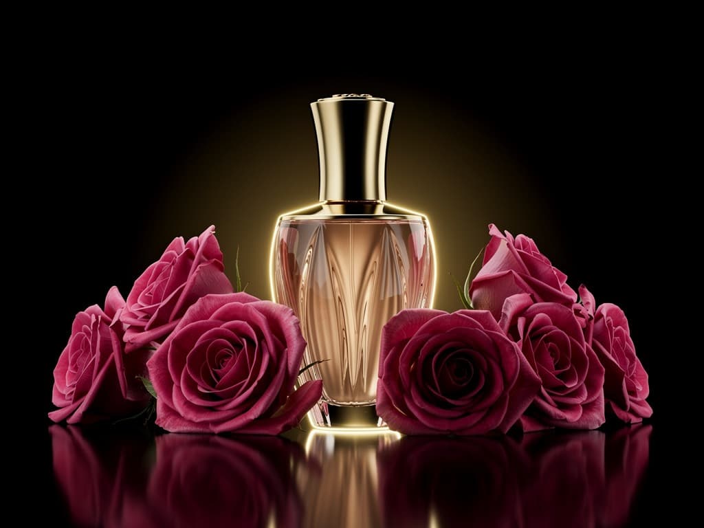زجاجة عطر ورد شرقي مع ورود طائفية على خلفية سوداء