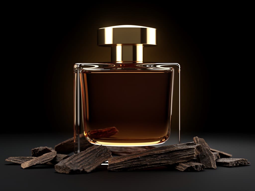 زجاجة عطر عود ليالي مع قطع خشب العود على خلفية سوداء