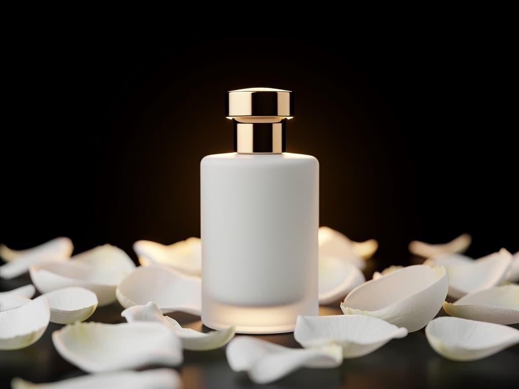 زجاجة عطر مسك أبيض مع بتلات بيضاء على خلفية سوداء